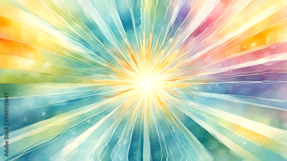 Abstract watercolor painting of a glowing sun with colorful rays Abstract watercolor painting of a glowing sun with colorful rays