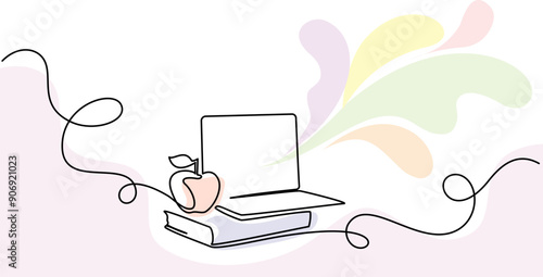 Book stack with notebook and apple over. Corner frame.