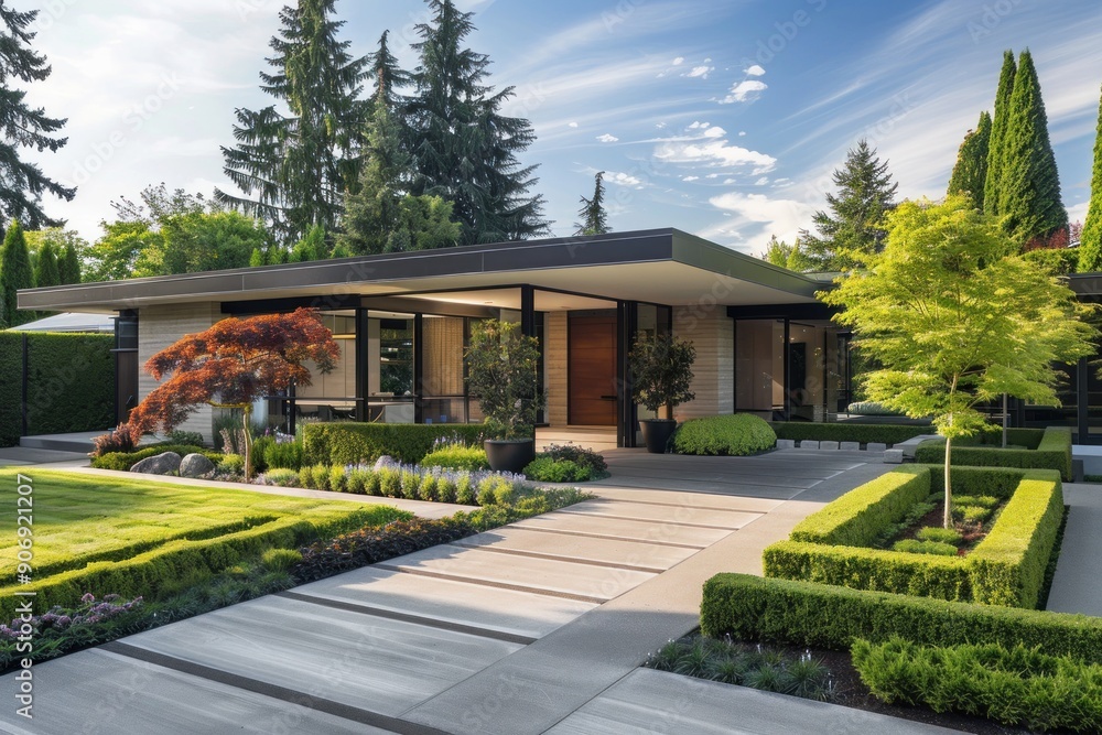 A contemporary house with a flat roof, clean lines, and a landscaped garden A contemporary house with a flat roof, clean lines, and a landscaped garden