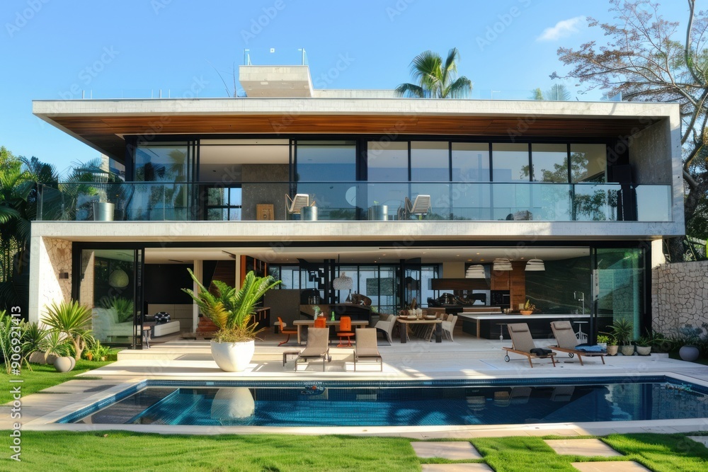 Fototapeta premium A contemporary house with a flat roof, clean lines, and a landscaped garden