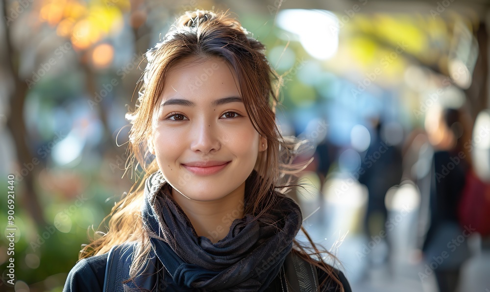 A group of young people, including an Asian woman smiling at the camera, have fun on a city street, showcasing a youthful lifestyle concept. A group of young people, including an Asian woman smiling at the camera, have fun on a city street, showcasing a youthful lifestyle concept.