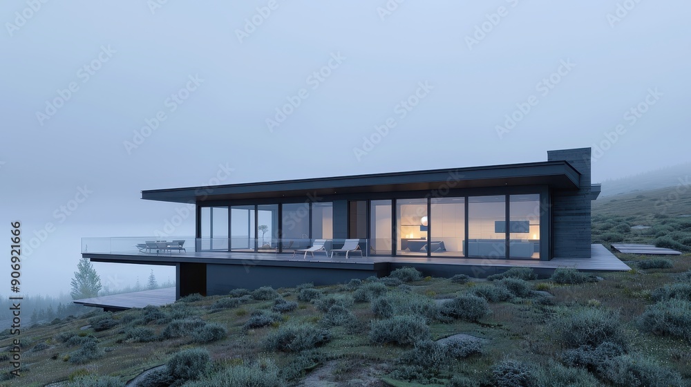 A large house with a long balcony overlooking a body of water A large house with a long balcony overlooking a body of water