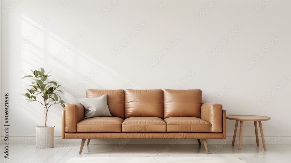 A tan leather couch sits in front of a white wall A tan leather couch sits in front of a white wall