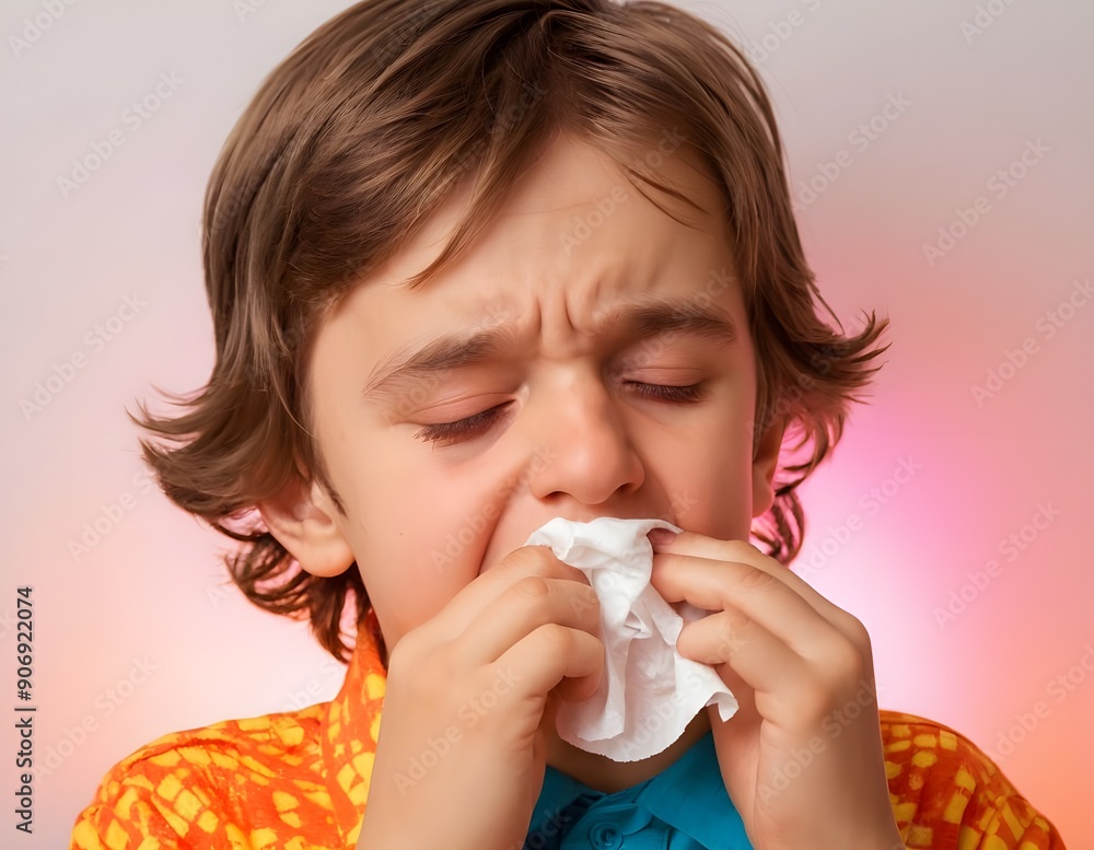 Young Boy With Blond Hair Holding Tissue While Suffering From Cold in Bright Indoor Setting, allergy Young Boy With Blond Hair Holding Tissue While Suffering From Cold in Bright Indoor Setting, allergy