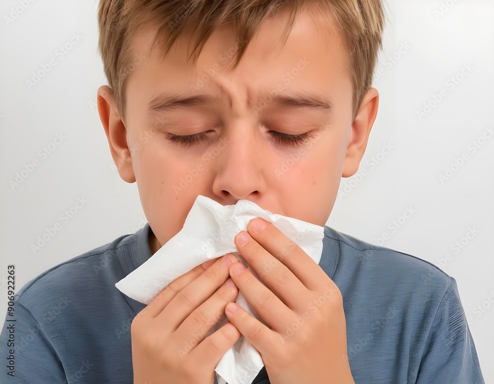 Young Boy With Blond Hair Holding Tissue While Suffering From Cold in Bright Indoor Setting, allergy Young Boy With Blond Hair Holding Tissue While Suffering From Cold in Bright Indoor Setting, allergy