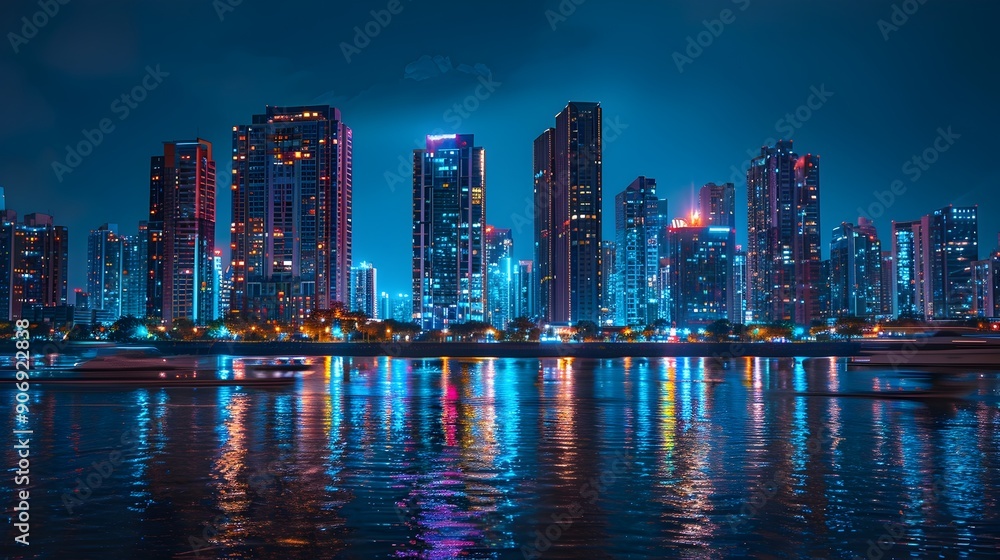 Obraz premium Captivating Nighttime Cityscape with Reflective River and Cruising Boats