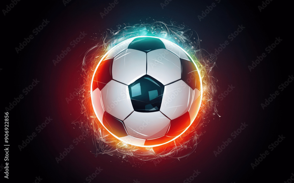 Fototapeta premium Dynamic Soccer Ball Surrounded by Colorful Light Effects in a Dark Environment