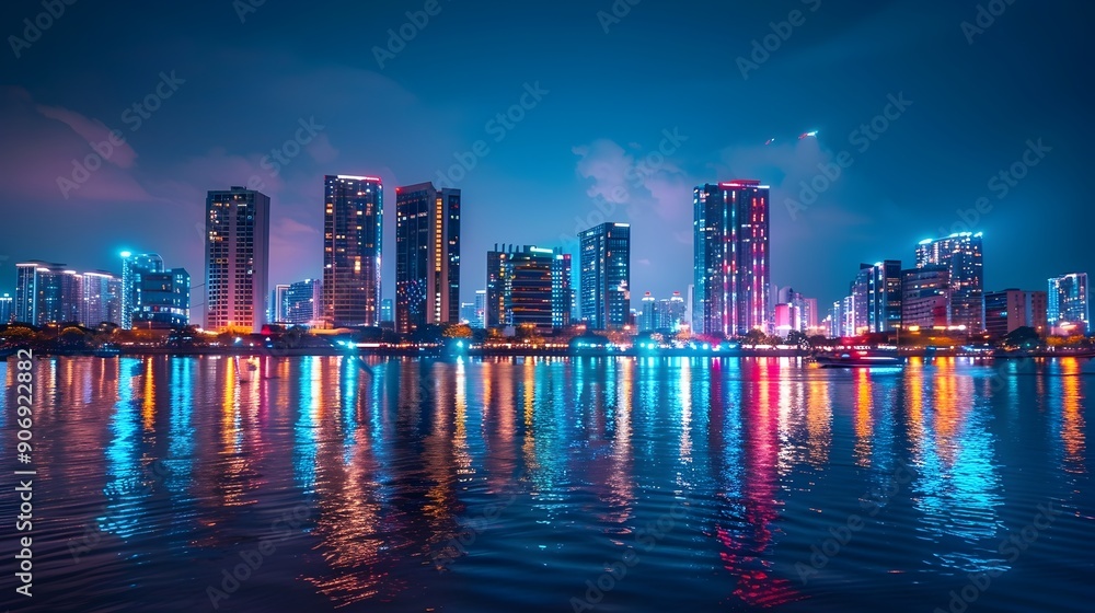 Fototapeta premium Vibrant Nighttime Skyline with Colorful Reflections on River and Cruising Boats