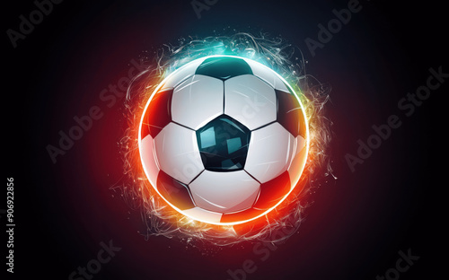 Dynamic Soccer Ball Surrounded by Colorful Light Effects in a Dark Environment