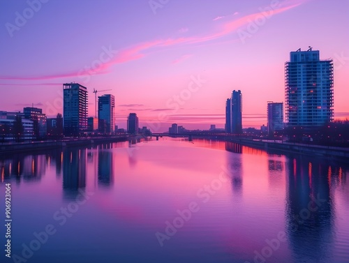 Serene City Skyline at Vibrant Dawn with Calm River Reflection