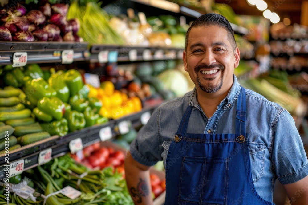 A smiling man in a blue apron stands in front of a produce section of a grocery A smiling man in a blue apron stands in front of a produce section of a grocery