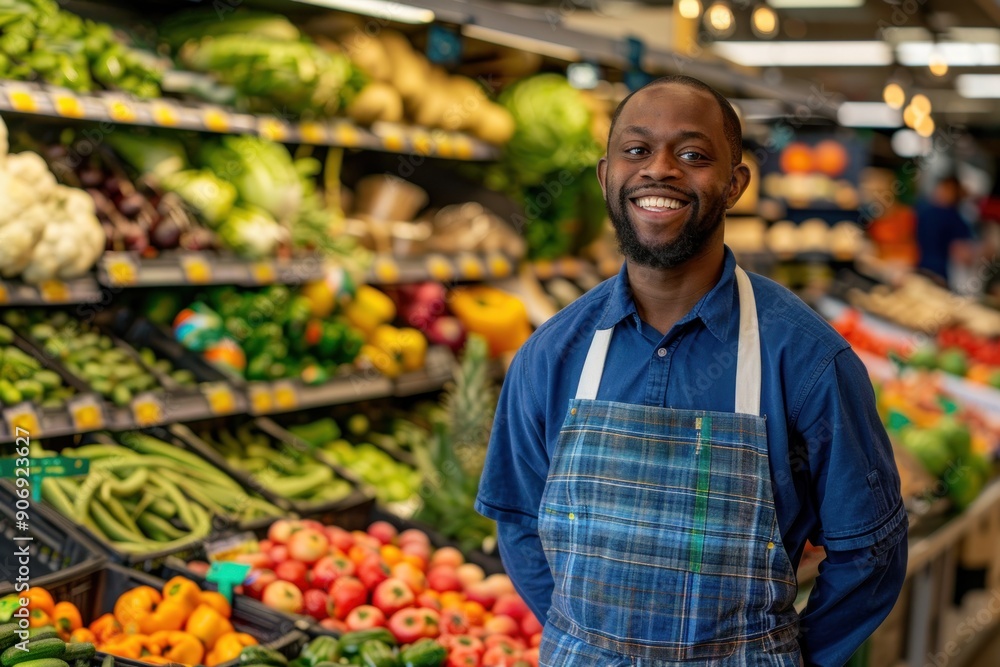 A smiling man in a blue apron stands in front of a produce section of a grocery A smiling man in a blue apron stands in front of a produce section of a grocery