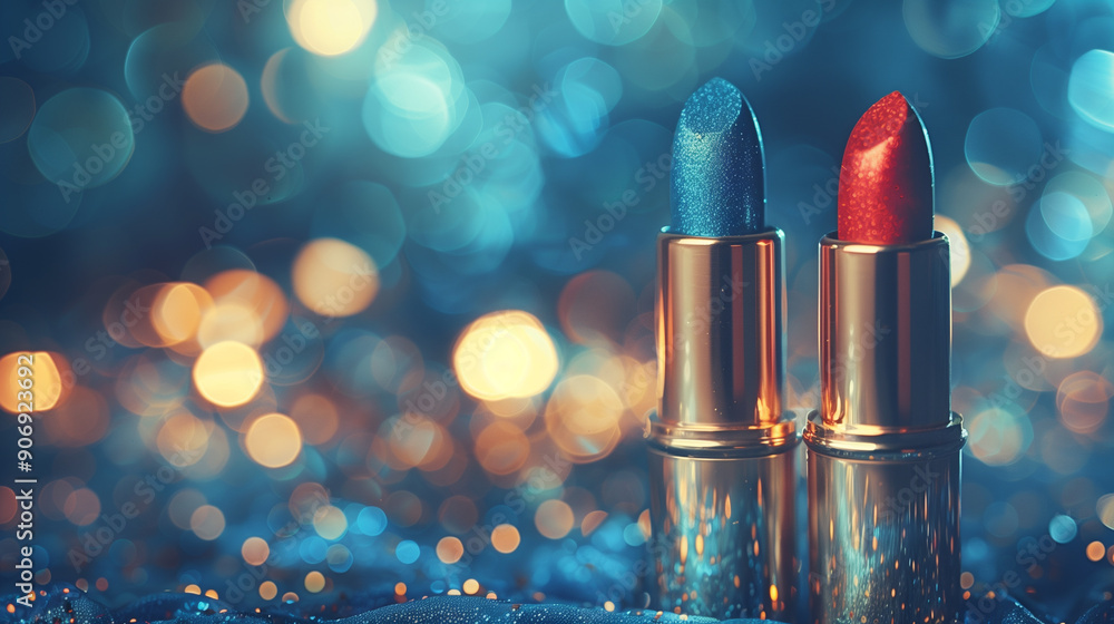 Blue and red lipstick with shimmering glitter in golden cases on an abstract colorful blurred background with lights Blue and red lipstick with shimmering glitter in golden cases on an abstract colorful blurred background with lights