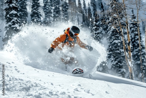 A snowboarder carves through fresh powder, leaving a trail of snow in their wake