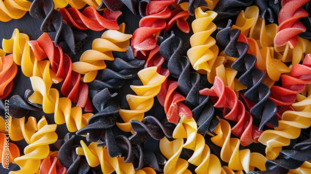 Background of cooked multicolor spiral rotini pasta Background of cooked multicolor spiral rotini pasta