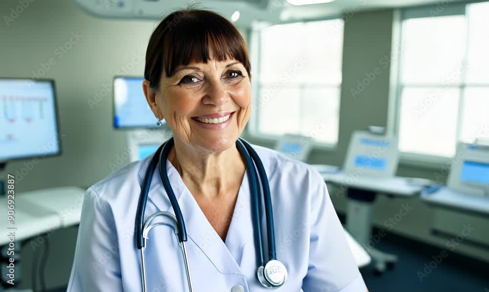 Portrait of a smiling senior female doctor with stethoscope in hospital Portrait of a smiling senior female doctor with stethoscope in hospital