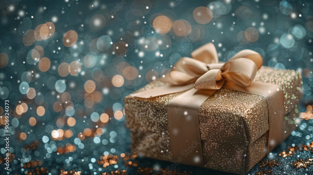 a gold gift box with a bow on it