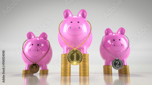 Obraz na płótnie Drei pinke Sparschweine stehen auf Stapel von goldenen Geldmünzen und haben Kette mit Medaille um den Hals w salonie