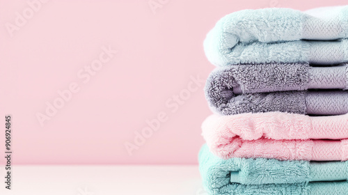 Stacks of towels on pink background