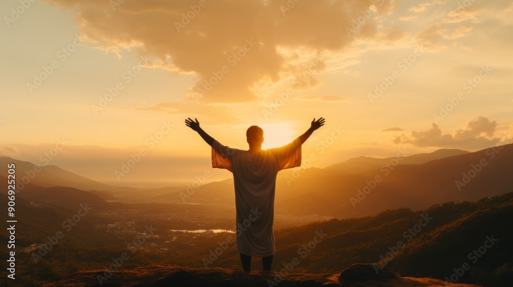 Jesus christ embracing humanity at sunset salvation and resurrection symbolism in vast landscape Jesus christ embracing humanity at sunset salvation and resurrection symbolism in vast landscape