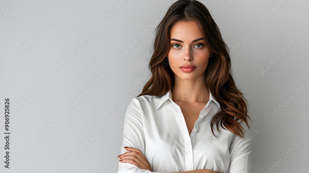 Elegant Confident Woman Stylish White Shirt Captivating Pose Expressive Eyes. AI Generated Elegant Confident Woman Stylish White Shirt Captivating Pose Expressive Eyes. AI Generated