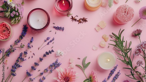 Wellness lifestyle with nature elements like oils herbs lavender candles and flowers on a pink background