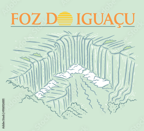 Stylized illustration of waterfalls in Foz do Iguaçu, Paraná, Brazil.