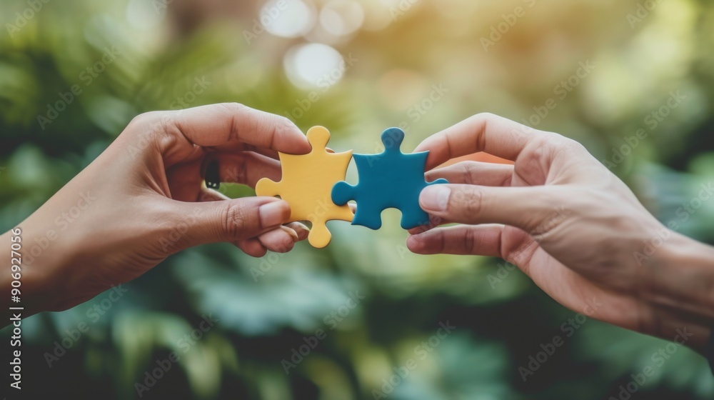 Hands holding puzzle, which symbolizes teamwork Hands holding puzzle, which symbolizes teamwork