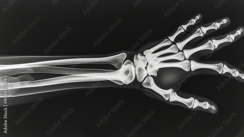 X-ray of the wrist, where bones and joints are clearly visible X-ray of the wrist, where bones and joints are clearly visible