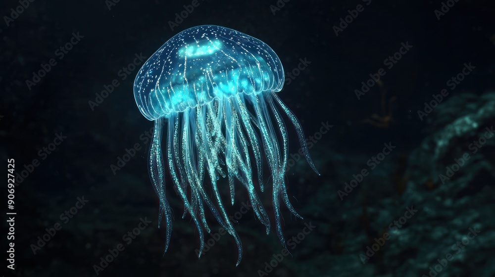 Glowing deep-sea jellyfish drifting in the dark ocean depths. Glowing deep-sea jellyfish drifting in the dark ocean depths.
