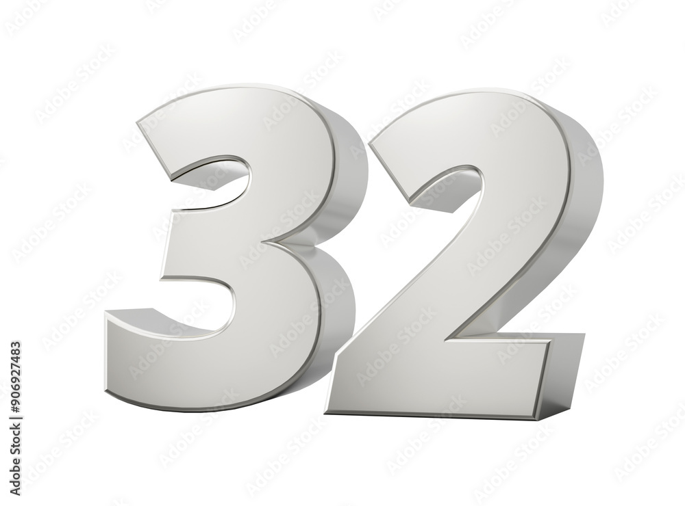 Silver 3d numbers 32 thirty two. Isolated white background 3d illustration
Silver 3d numbers 32 thirty two. Isolated white background 3d illustration