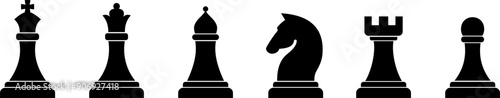 Chess piece icons set. Board game. Black silhouettes illustration. Outline set of chess vector icon for web design isolated on white background. King, queen, bishop, pawn, horse, knight, rook. Vector 