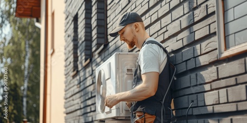Wallpaper Mural Professional HVAC Technician Installing Outdoor Air Conditioning Unit with Expert Precision and Skill. Torontodigital.ca