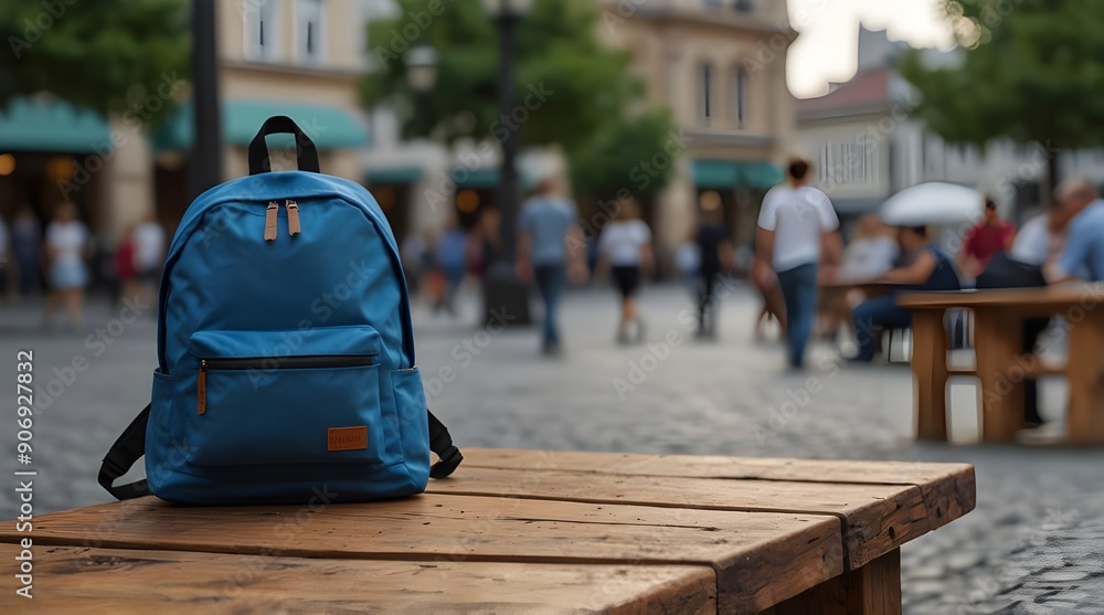 Obraz premium A busy metropolitan city plaza with a blurry background features a blue bag sitting on a wooden table..