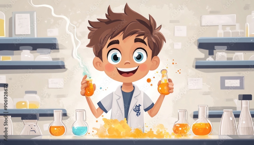 A young boy is engaged in a captivating chemical reaction in a laboratory setting A young boy is engaged in a captivating chemical reaction in a laboratory setting