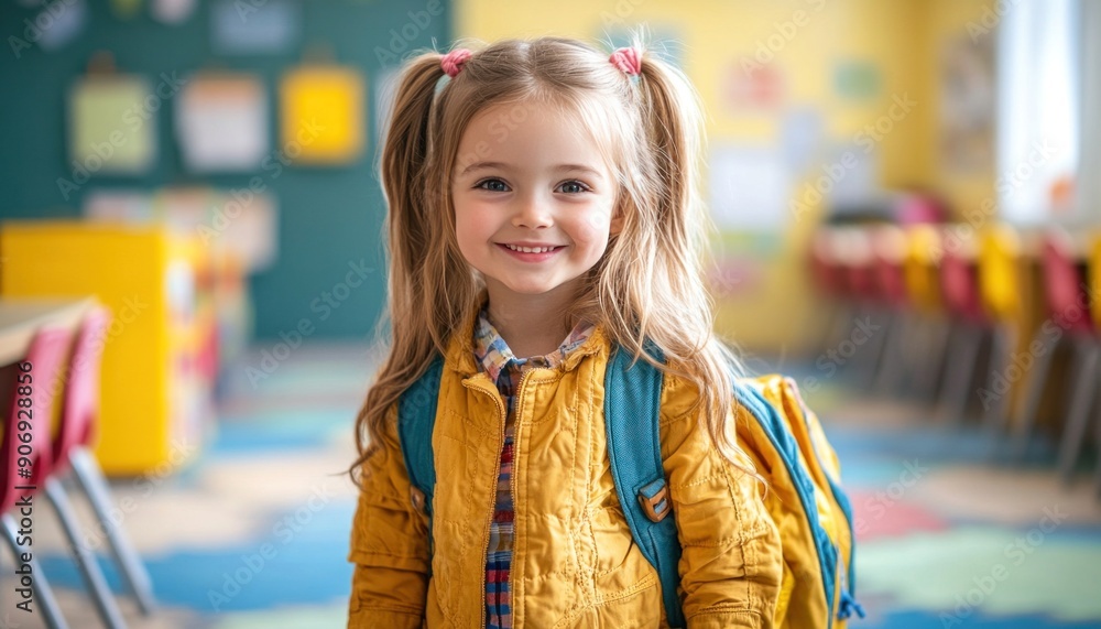 A young girl wearing pigtails and carrying a colorful backpack is smiling brightly in her classroom A young girl wearing pigtails and carrying a colorful backpack is smiling brightly in her classroom