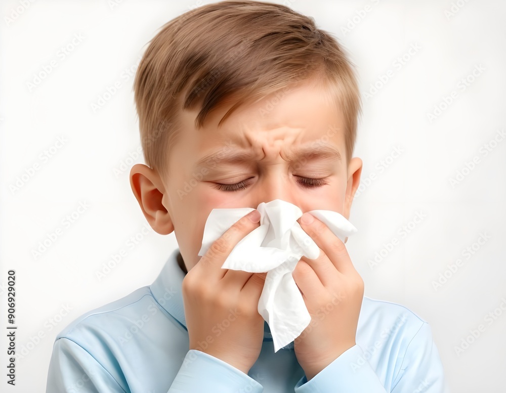 Young Boy With Blond Hair Holding Tissue While Suffering From Cold in Bright Indoor Setting, allergy Young Boy With Blond Hair Holding Tissue While Suffering From Cold in Bright Indoor Setting, allergy
