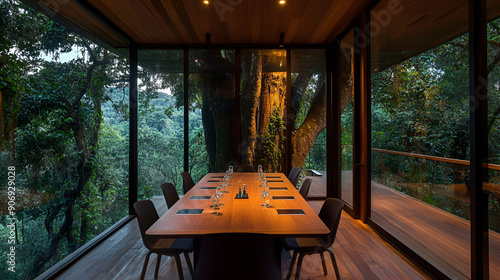 Modern dining room with a view of the rainforest photo