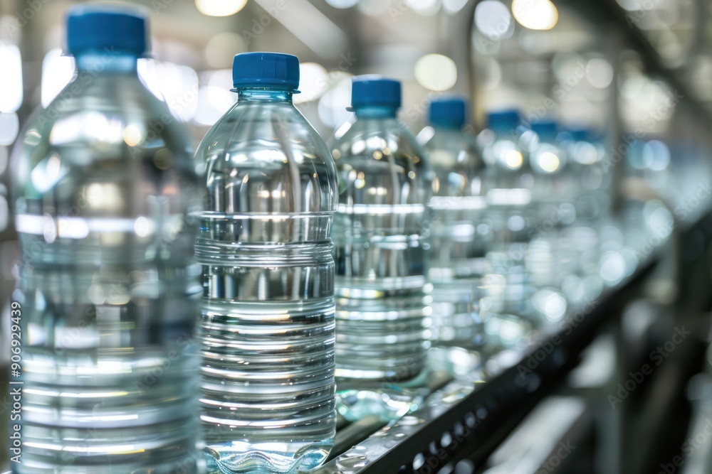 Closeup on mineral water bottles in raw and lines Closeup on mineral water bottles in raw and lines