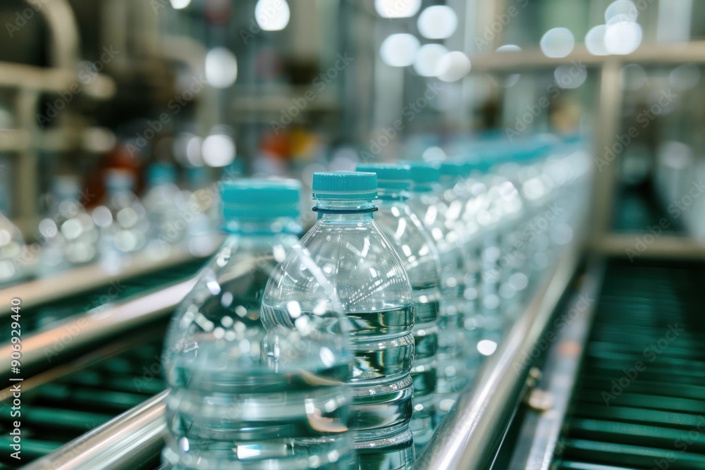Closeup on mineral water bottles in raw and lines Closeup on mineral water bottles in raw and lines