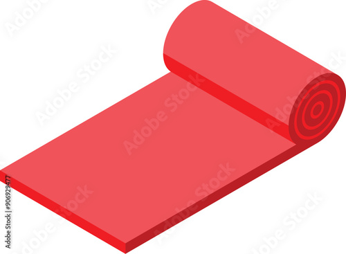 Red carpet rolling out from a roll on white background, isometric view
