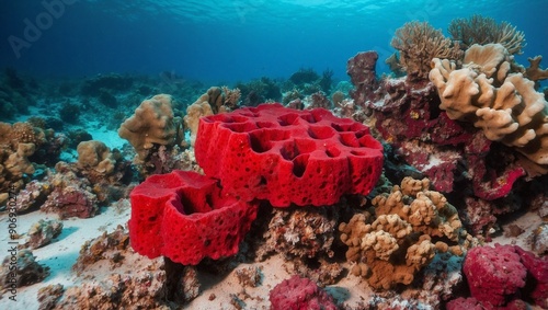 coral reef and diver, Volcano sponges such as the Giant Barrel and Great Vase belong to Phylum Porifera They are frequentl.