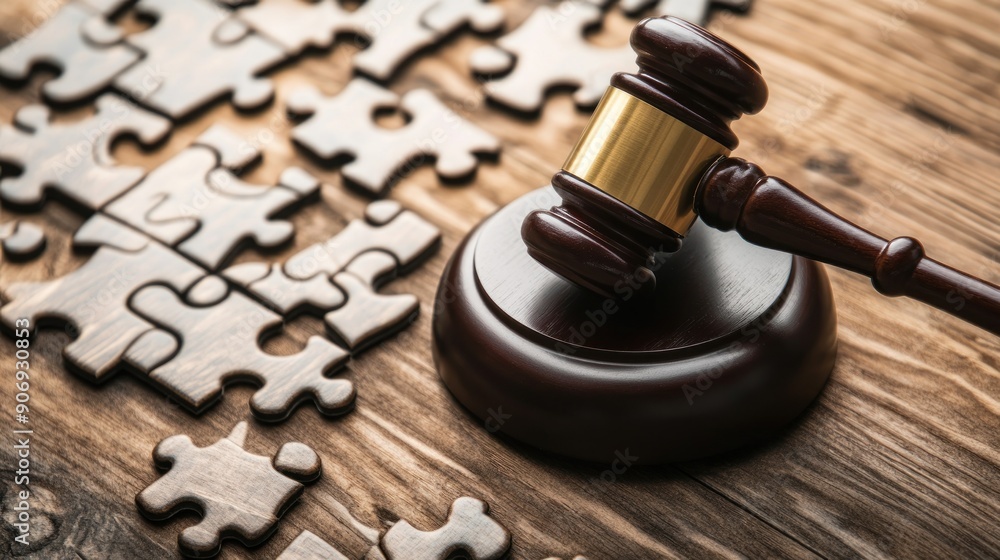 Gavel on the wooden table with puzzle, concept of problem solving and leadership techniques Gavel on the wooden table with puzzle, concept of problem solving and leadership techniques