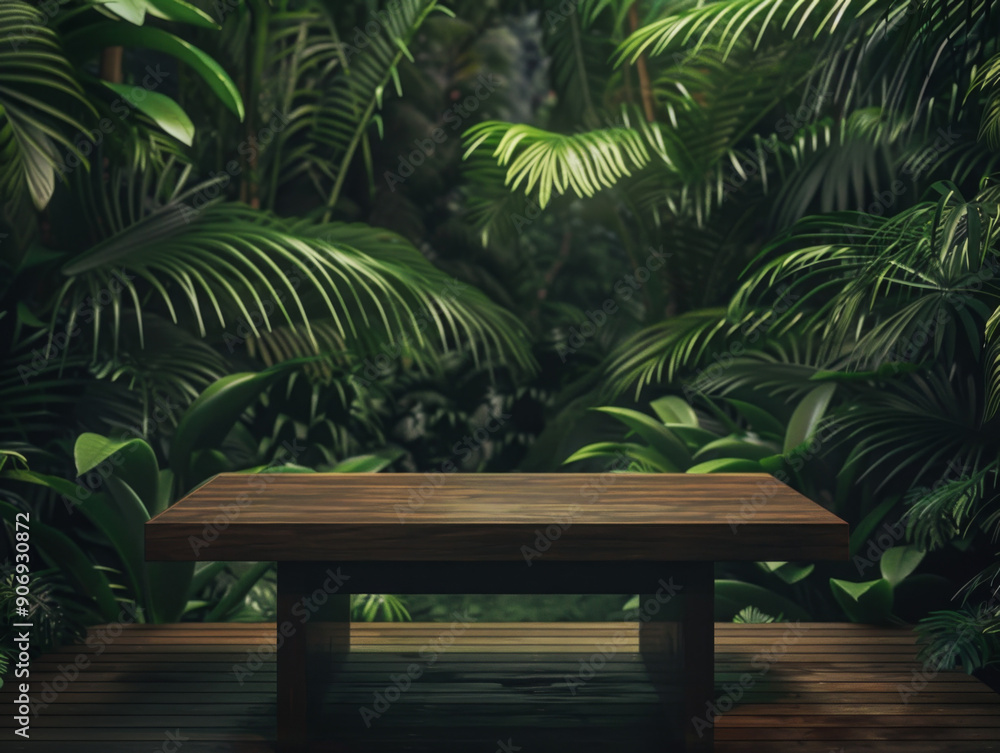 Fototapeta premium Wooden Tabletop in Lush Tropical Foliage