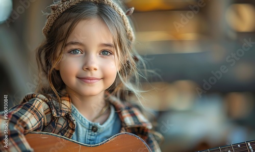 A young girl plays guitar outdoors.