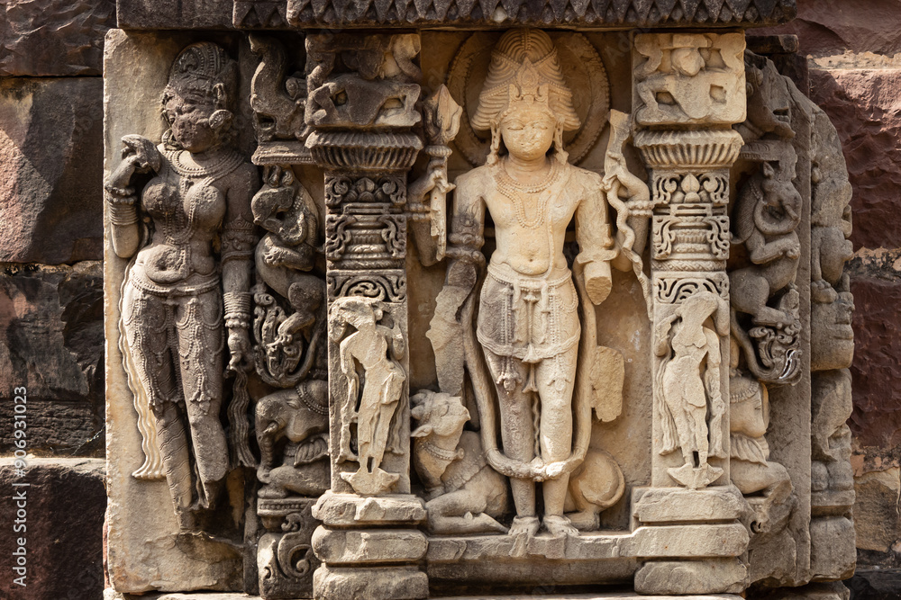 India, Madhya Pradesh, Morena, Ancient Carvings of Hindu Deities on the Survaya ki Garhi. India, Madhya Pradesh, Morena, Ancient Carvings of Hindu Deities on the Survaya ki Garhi.