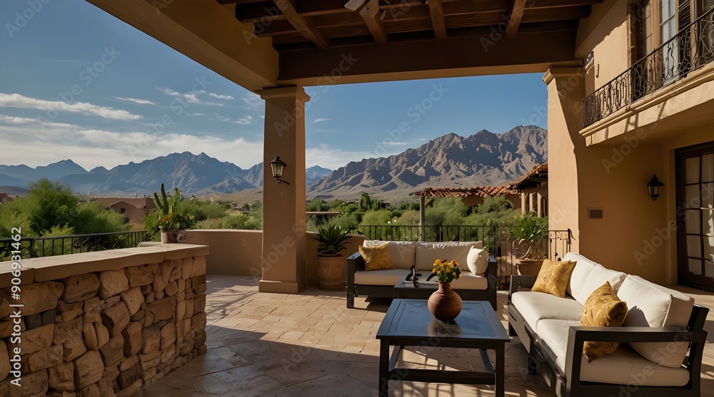 Outdoor patio of a mansion house. A mountain backdrop frames the outside patio of an Italian villa in Arizona Outdoor patio of a mansion house. A mountain backdrop frames the outside patio of an Italian villa in Arizona
