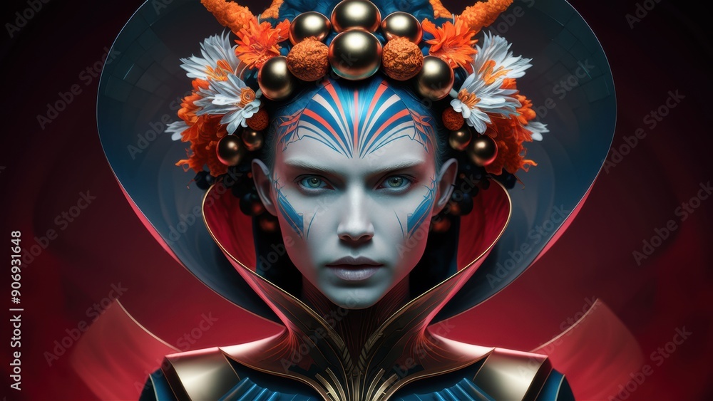 A woman with blue face and headdress is wearing a crown, AI A woman with blue face and headdress is wearing a crown, AI