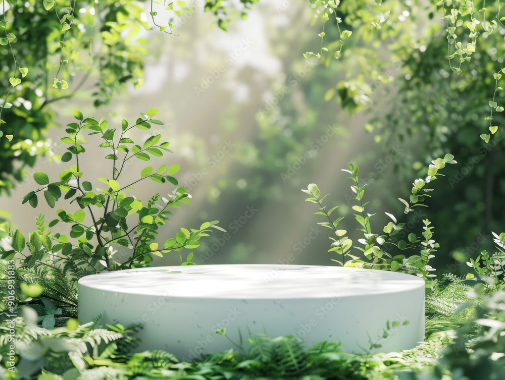 White Circular Platform Surrounded by Lush Green Foliage White Circular Platform Surrounded by Lush Green Foliage