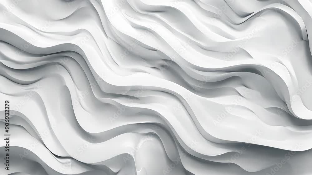 Minimalistic abstract motion background with white 3D waves. Banner with glossy soft wavy embossed texture with copy space. Video animation screensaver. Textured backdrop for concept design. Minimalistic abstract motion background with white 3D waves. Banner with glossy soft wavy embossed texture with copy space. Video animation screensaver. Textured backdrop for concept design.